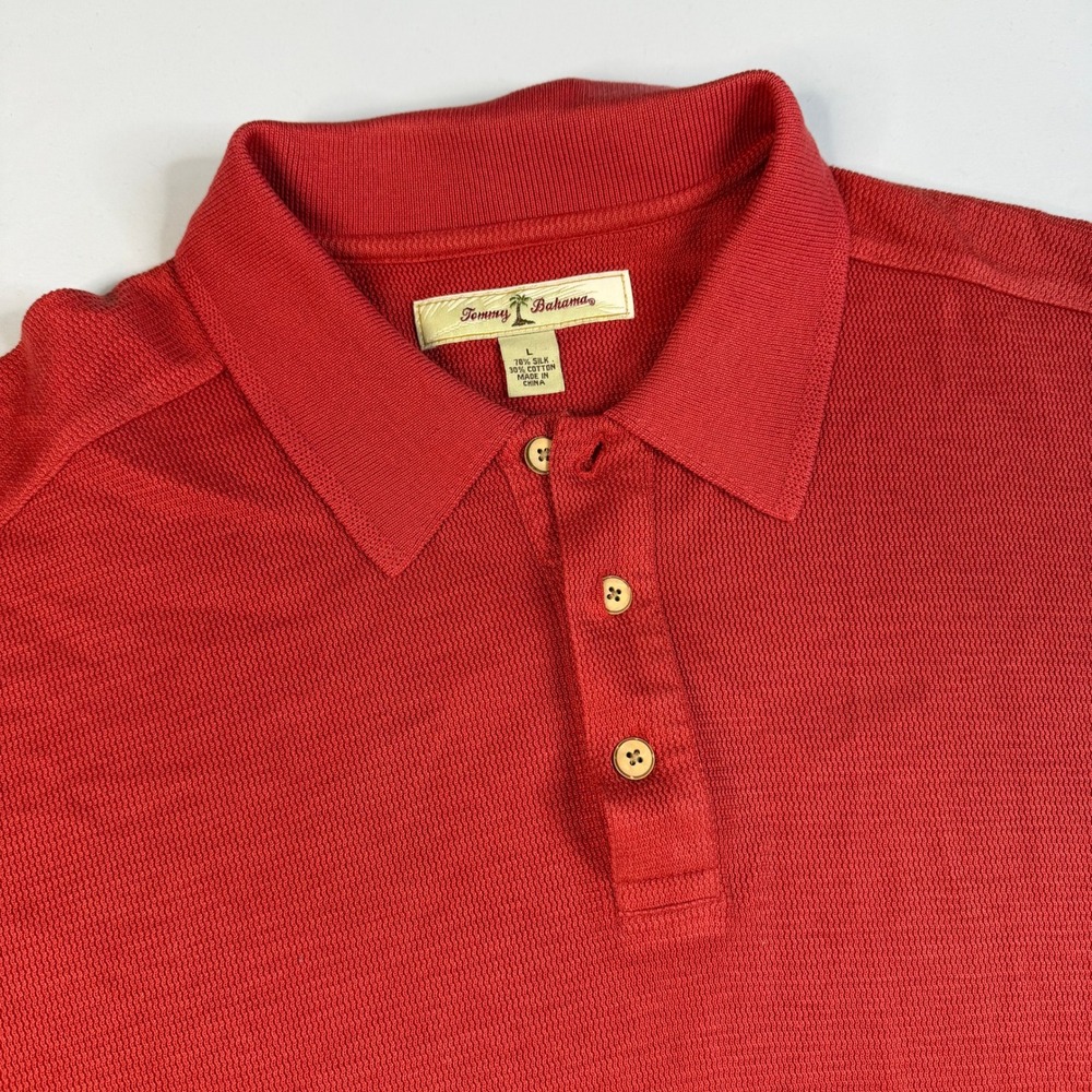 Tommy Bahama Polo Shirt Mens Large Red Silk Blend Textured Short Sleeve Knit